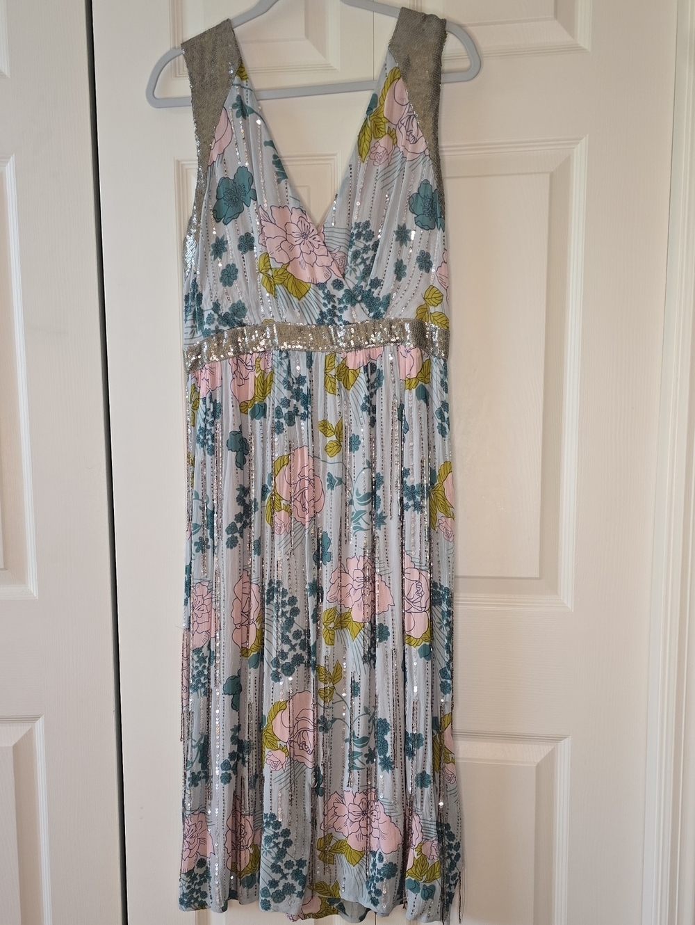 Anthropologie Pale Pink Sequin-Trim Floral Dress
